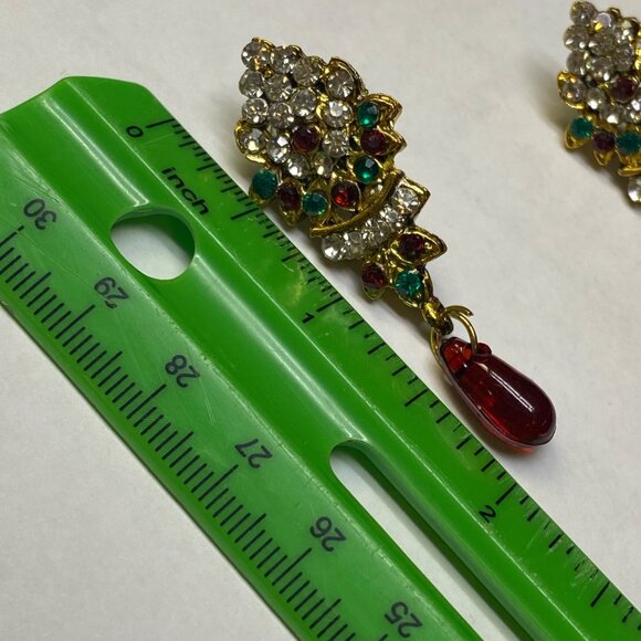 Christmas Color Earrings Pierced Post Dangle Drop Rhinestone Holiday Wear - Picture 8 of 10